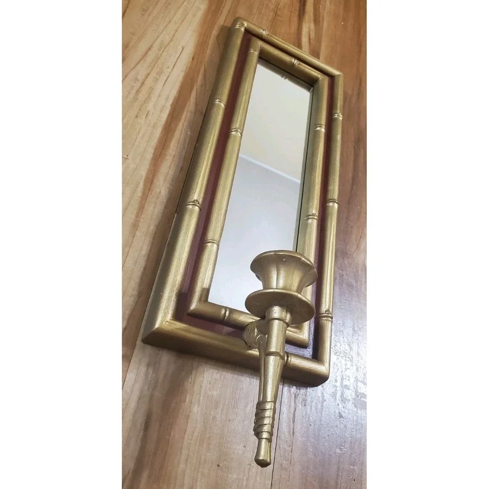 Vintage Hollywood Regency Gold Tone Red Bamboo Wall Sconce Candleholder
